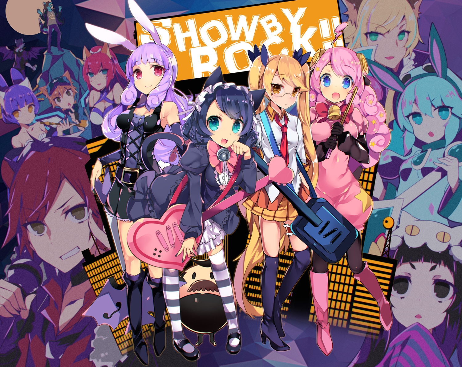 animal_ears, bunny_ears, bunnygirl, catgirl, chuchu_(show_by_rock!!), hijirikawa_cyan, instrument, moa_(show_by_rock!!)