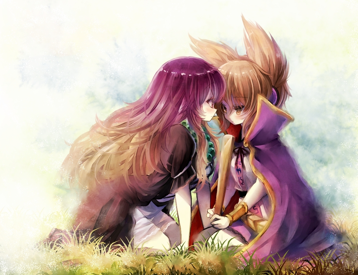 2girls, blonde_hair, hijiri_byakuren, piyokichi, purple_hair, touhou, toyosatomimi_no_miko