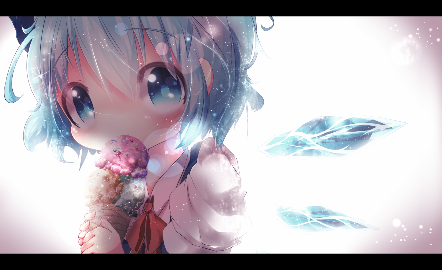 akisha, blue_eyes, blue_hair, bow, cirno, close, fairy, food, ice_cream, loli, ribbons, short_hair, touhou, wings
