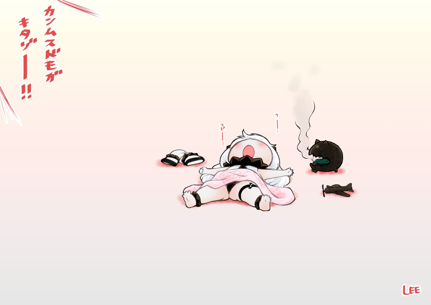 anthropomorphism, chibi, gradient, kantai_collection, lee_(colt), loli, long_hair, northern_ocean_hime, sleeping, white_hair