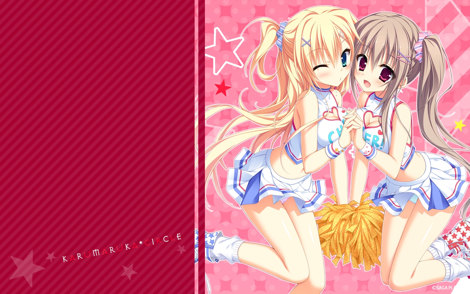 2girls, asahina_shin, blonde_hair, breasts, brown_hair, cheerleader, cleavage, karumaruka_circle, long_hair, matsumiya_kiseri, narumi_an, panties, saga_planets, skirt, toranosuke, underwear, wink