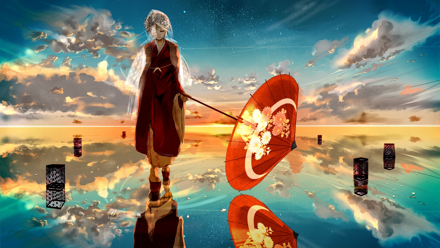 blonde_hair, clouds, headdress, japanese_clothes, kagamine_rin, nine_(plantroom9), petals, short_hair, sky, umbrella, vocaloid, water