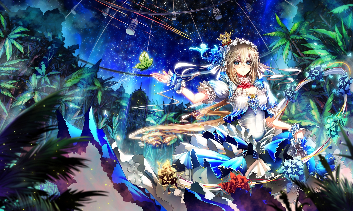 blonde_hair, blue_eyes, butterfly, dress, glycyrrhizae, leaves, long_hair, original, stars, wristwear
