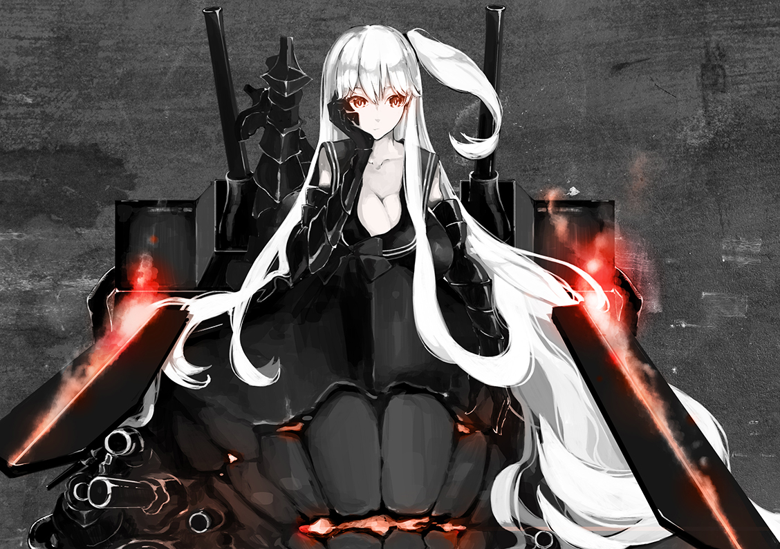 aircraft_carrier_oni, anthropomorphism, breasts, cleavage, kantai_collection, long_hair, nello_(luminous_darkness), ponytail, red_eyes, white_hair