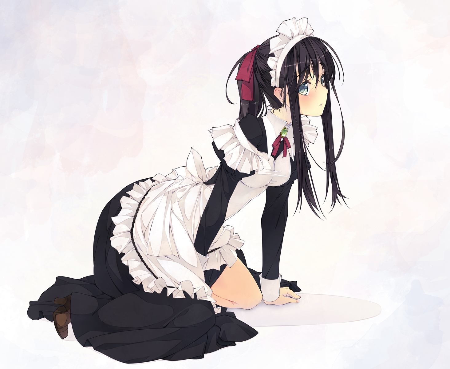 apron, black_hair, blue_eyes, blush, dress, f-ism, green_eyes, headdress, long_hair, maid, murakami_suigun, original, ponytail, ribbons