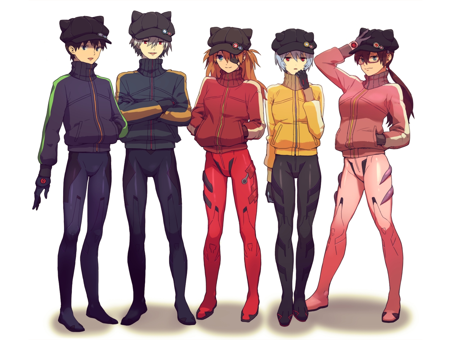 ayanami_rei, eyepatch, glasses, hat, ikari_shinji, makinami_mari_illustrious, male, nagisa_kaworu