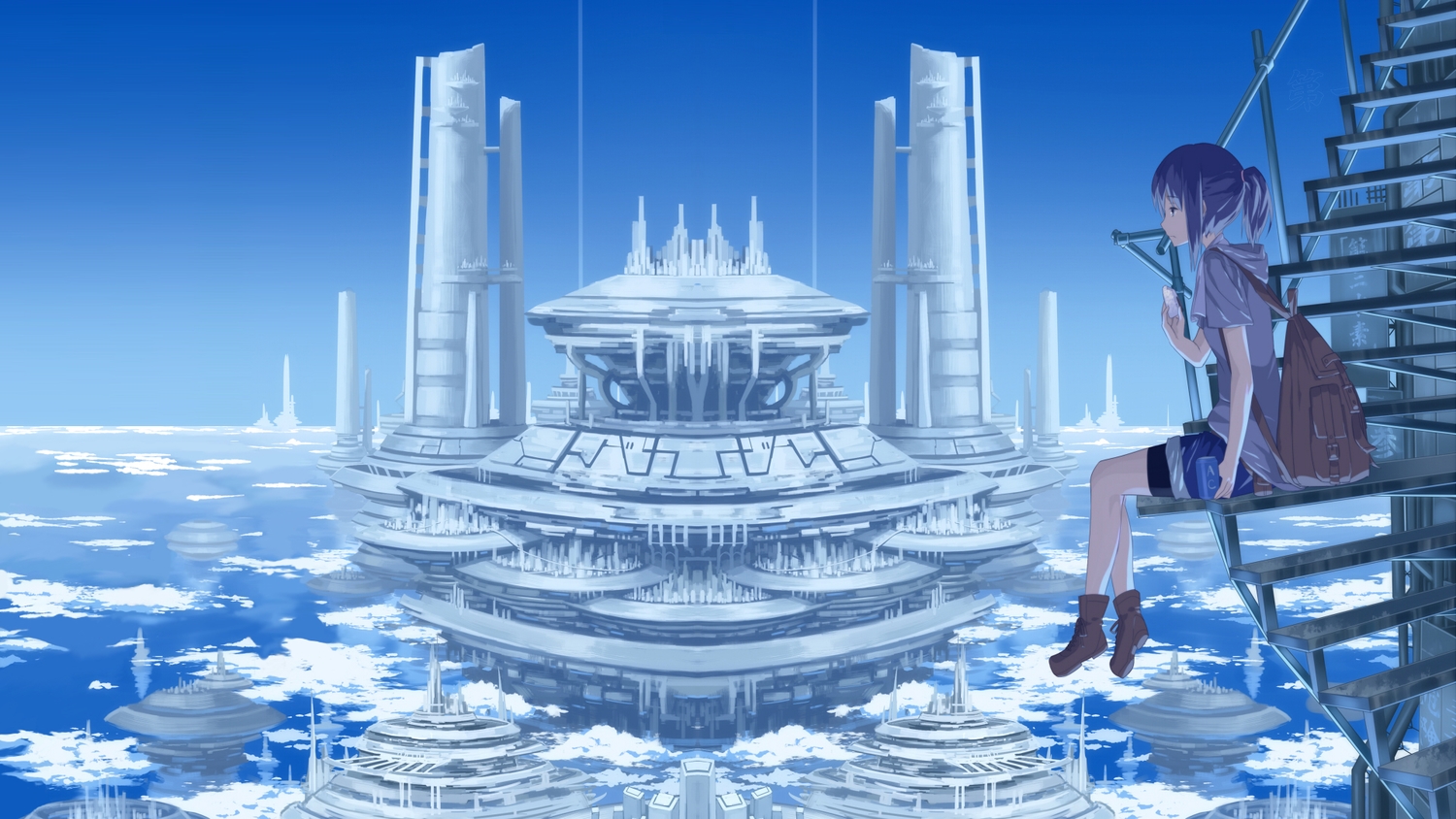 blue_hair, clouds, izumi_sai, original, school_uniform, sky, third-party_edit