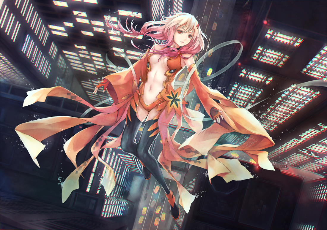 breasts, building, city, cleavage, guilty_crown, long_hair, nyanfood, pink_hair, red_eyes, thighhighs, yuzuriha_inori