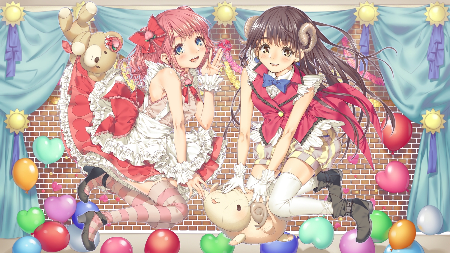 2girls, animal, blush, boots, dress, gloves, horns, original