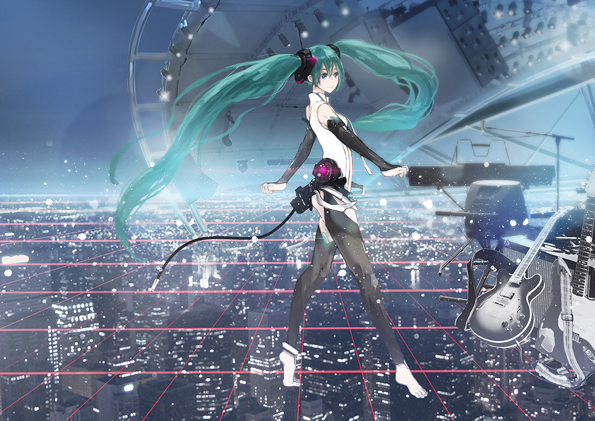 aqua_eyes, aqua_hair, city, guitar, hatsune_miku, instrument, long_hair, miku_append