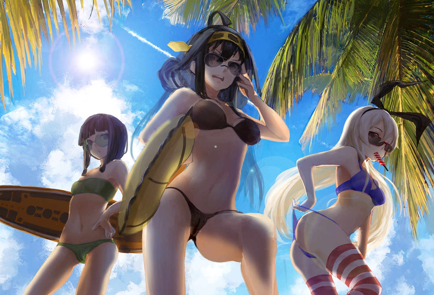 anthropomorphism, bikini, feirla, kantai_collection, kitakami_(kancolle), kongou_(kancolle), popsicle, shimakaze_(kancolle), sunglasses, swimsuit, thighhighs