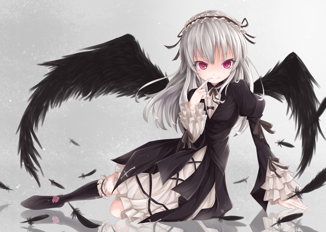doll, feathers, gothic, headdress, kneehighs, lolita_fashion, long_hair, red_eyes, rin_yuu, rozen_maiden, suigintou, white_hair, wings