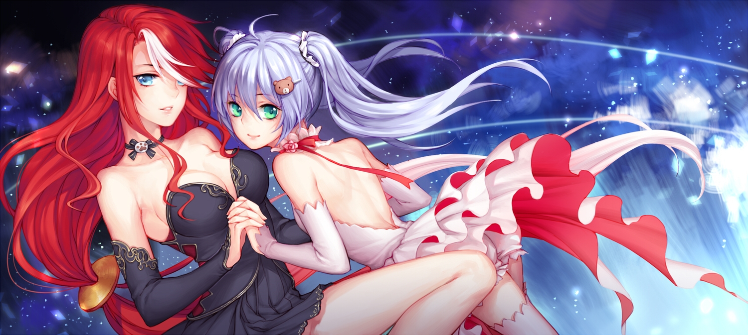 2girls, aqua_eyes, blue_eyes, blue_hair, breasts, choker, cleavage, dress, green_eyes, kangetsu_(fhalei), long_hair, original, red_hair, thighhighs, twintails