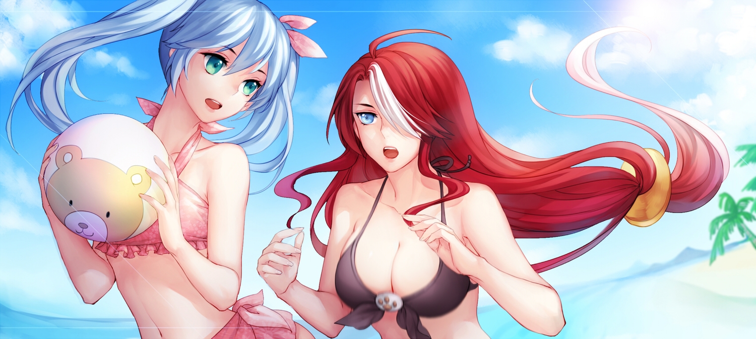 2girls, aqua_eyes, ball, bikini, blue_hair, breasts, cleavage, green_eyes, kangetsu_(fhalei), long_hair, navel, original, ponytail, red_hair, swimsuit, twintails