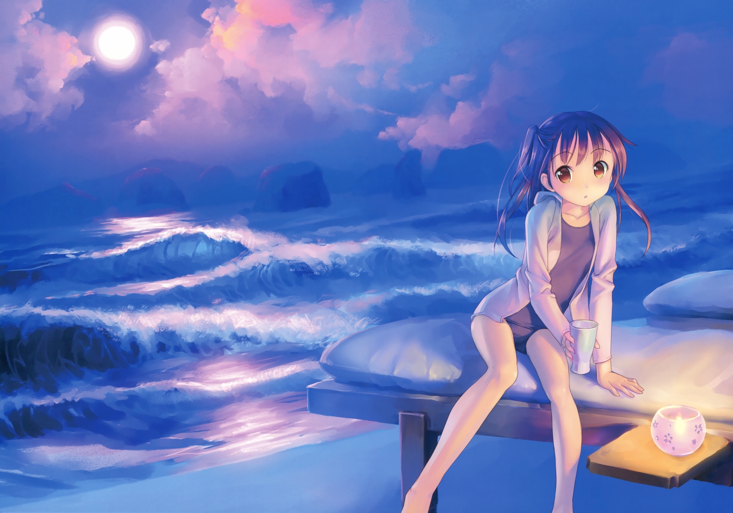 beach, brown_hair, loli, original, school_swimsuit, swimsuit, takoyaki_(roast)