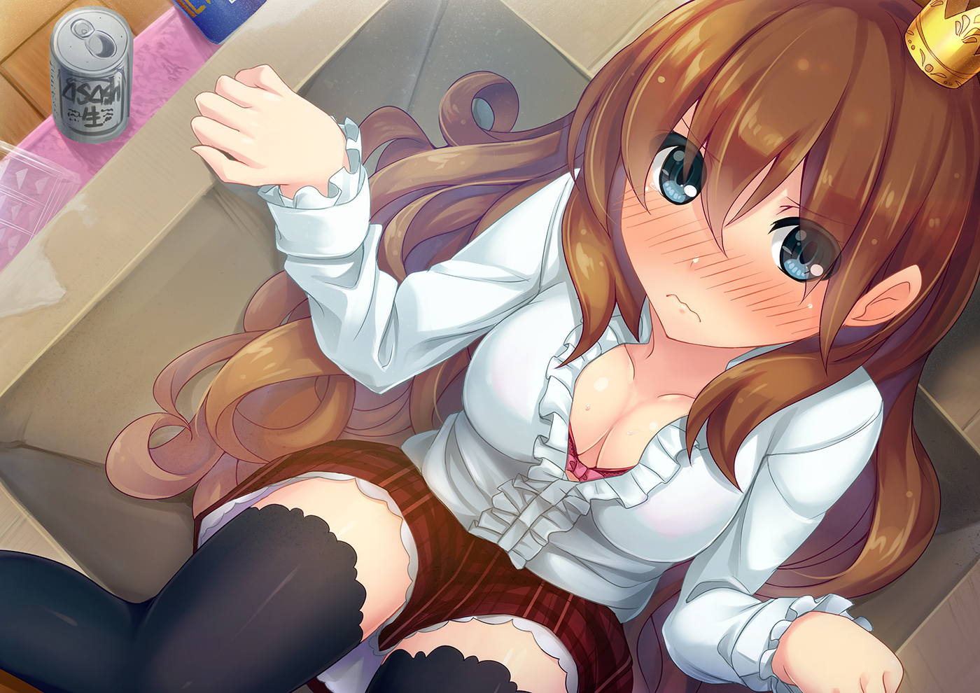 blue_eyes, blush, breasts, brown_hair, cleavage, crown, long_hair, original