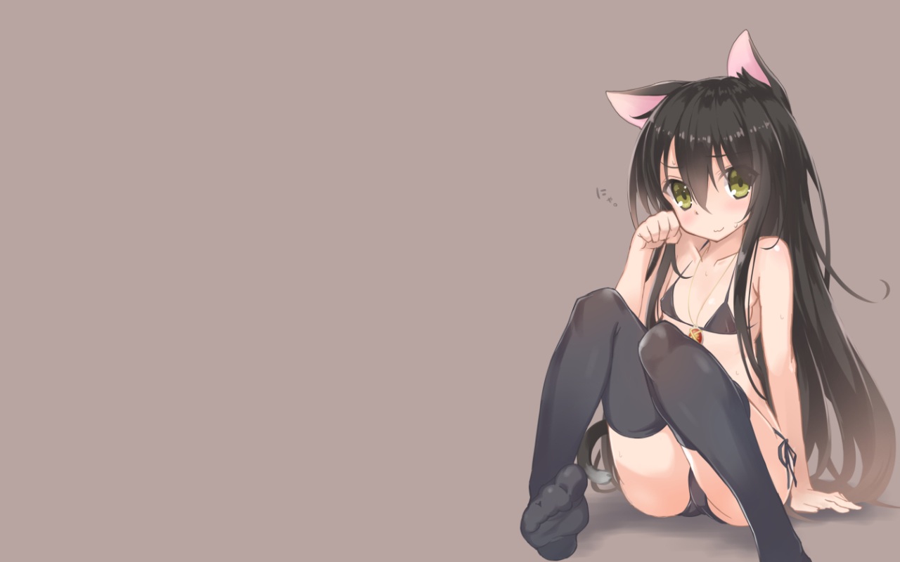 animal_ears, bikini, black_hair, blush, catgirl, flat_chest, green_eyes, long_hair, roke, shakugan_no_shana, shana, swimsuit, tail, thighhighs