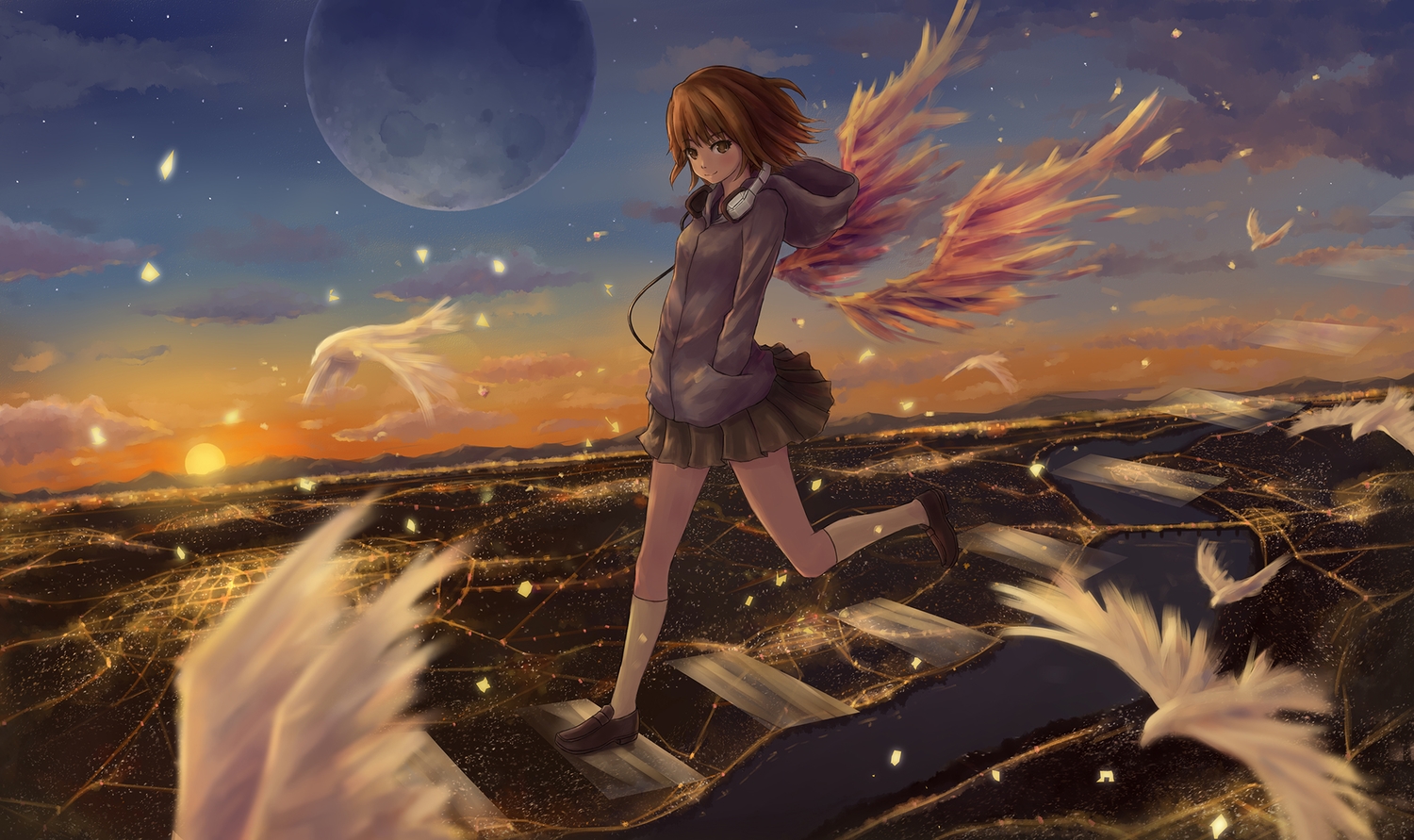 animal, bird, brown_eyes, brown_hair, city, clouds, headphones, kneehighs, moon, original, short_hair, skirt, sky, water, willgoon, wings
