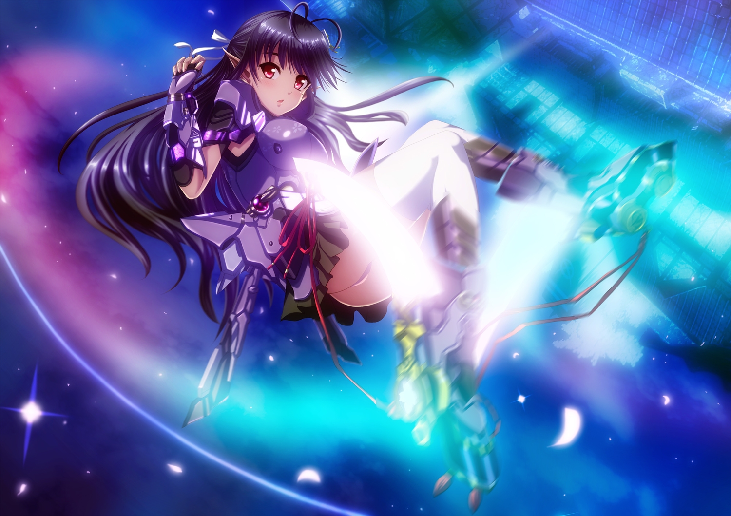 black_hair, bodysuit, katori_(pso2), long_hair, panties, phantasy_star, phantasy_star_online, phantasy_star_online_2, pointed_ears, red_eyes, ribbons, thighhighs, underwear