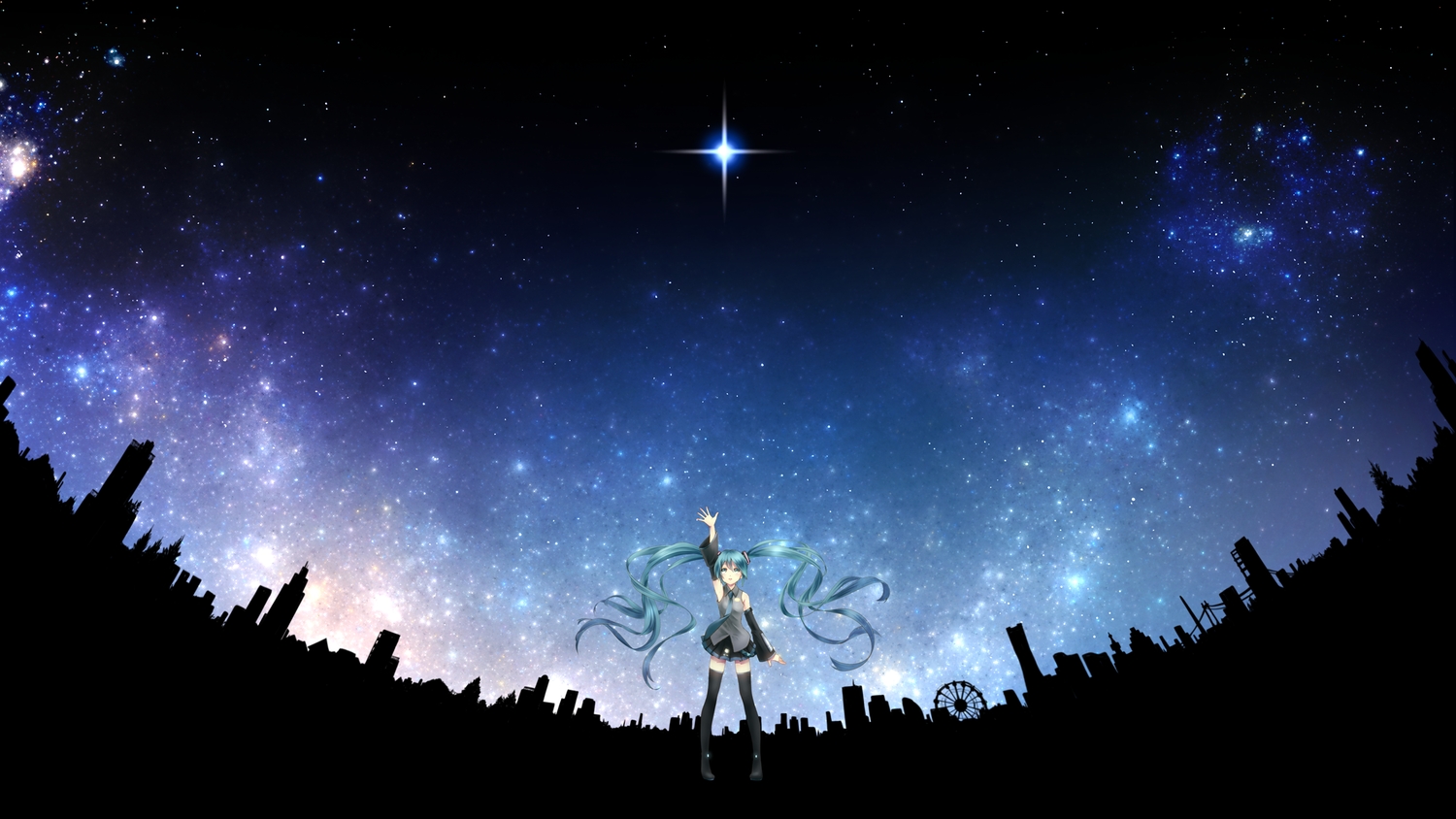 hatsune_miku, kururi_(oekaki_nikki), night, sky, stars, vocaloid