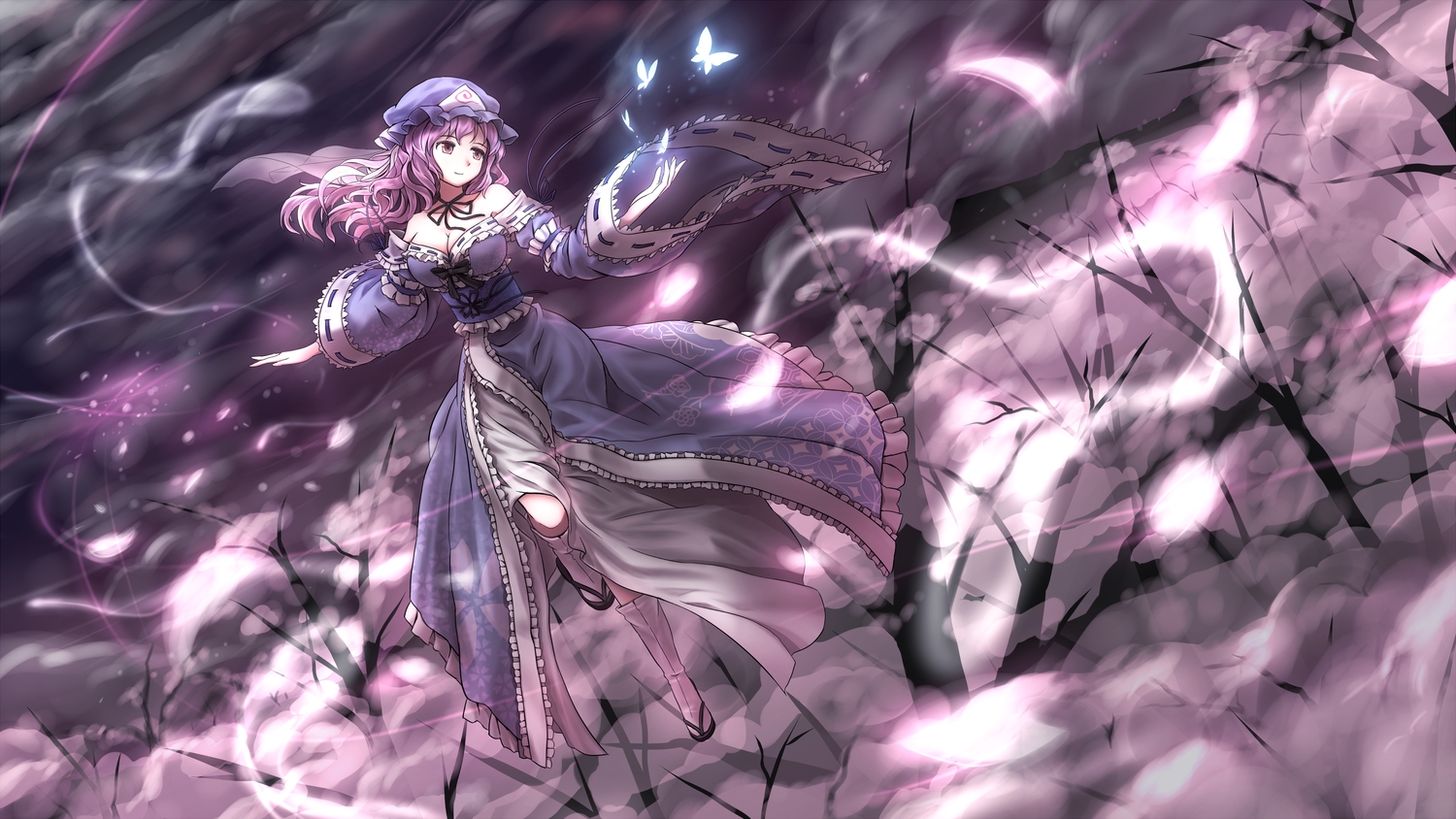 breasts, butterfly, cleavage, hat, japanese_clothes, kneehighs, long_hair, minust