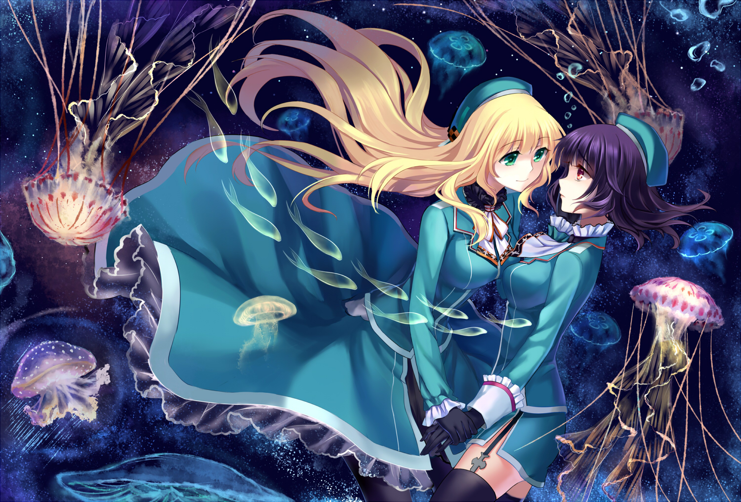 2girls, animal, anthropomorphism, atago_(kancolle), black_hair, blonde_hair, fish, garter_belt, gloves, green_eyes, hat, kantai_collection, long_hair, mirror_(xilu4), pantyhose, red_eyes, short_hair, shoujo_ai, takao_(kancolle), thighhighs, underwater, uniform, water