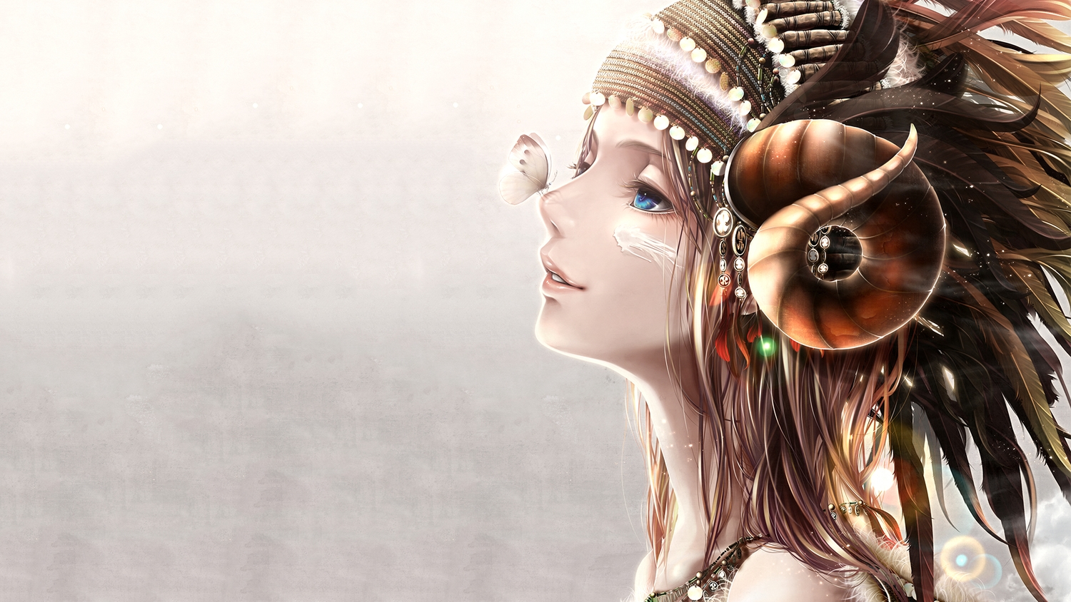blue_eyes, bouno_satoshi, brown_hair, butterfly, headband, horns, long_hair, original