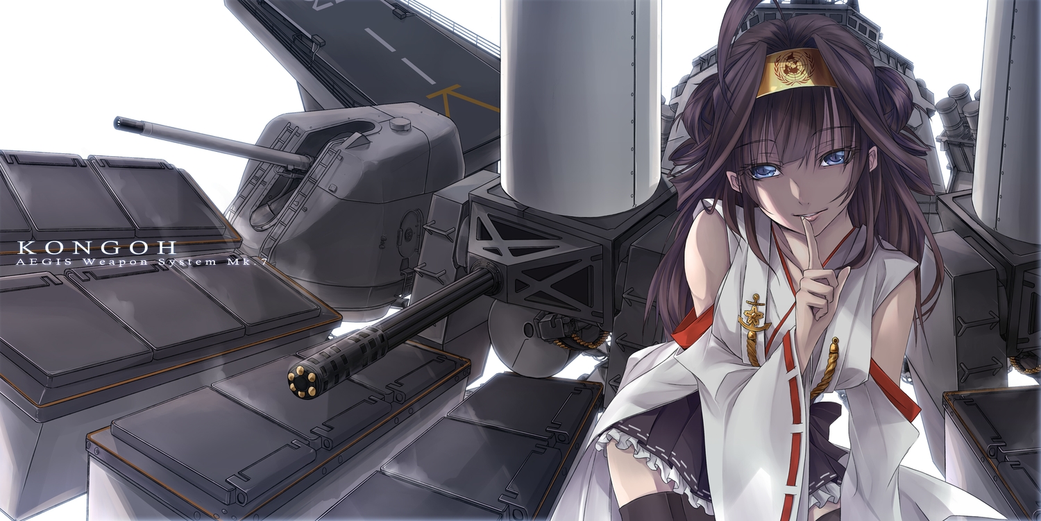 anthropomorphism, blue_eyes, brown_hair, futami_kito, headband, japanese_clothes, kantai_collection, kongou_(kancolle), long_hair, skirt, thighhighs