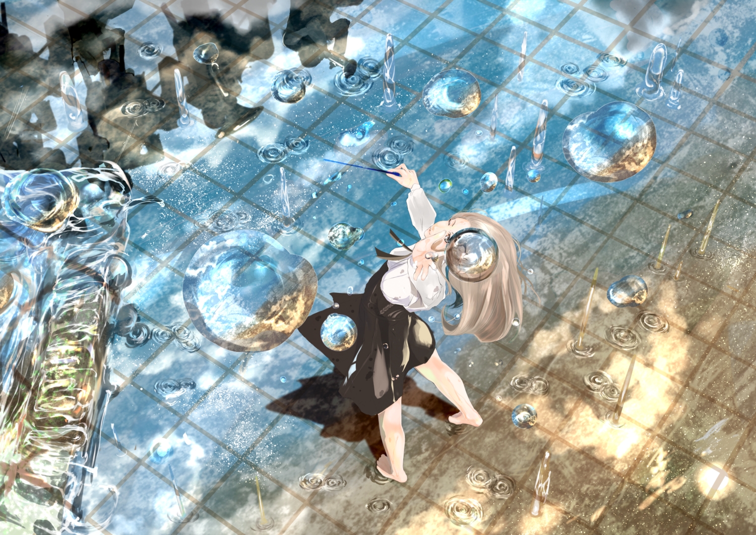 barefoot, brown_hair, dress, nine_(plantroom9), original, rain, water