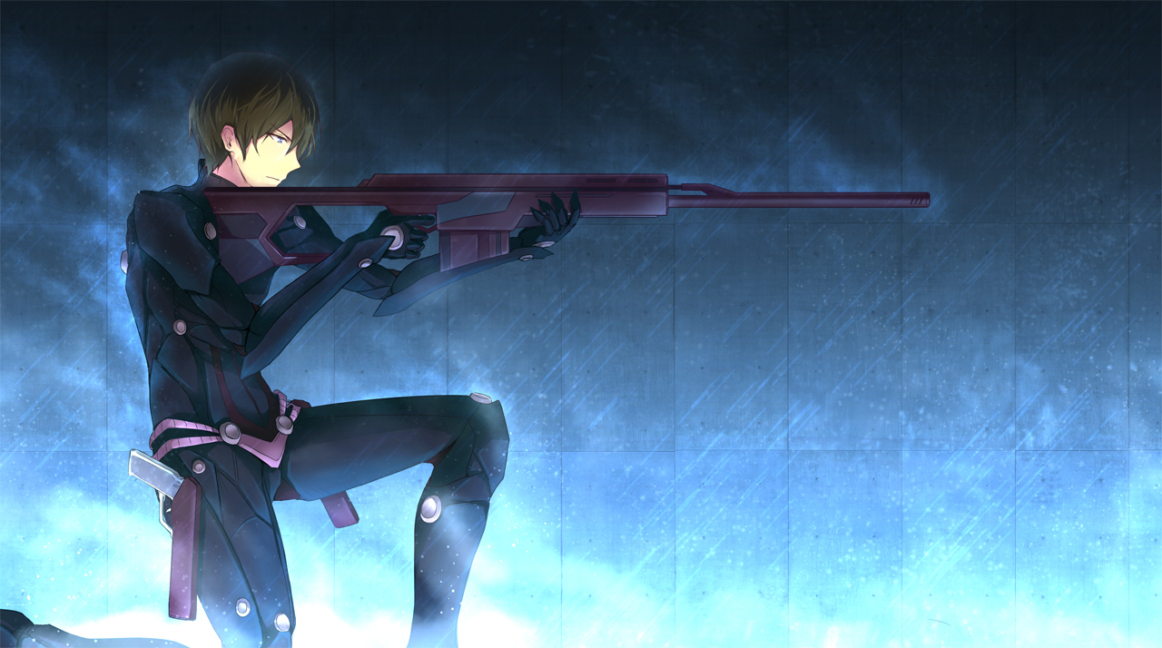 all_male, armor, asakurashinji, blue_eyes, brown_hair, gun, mahouka_koukou_no_rettousei, male, rain, shiba_tatsuya, short_hair, water, weapon