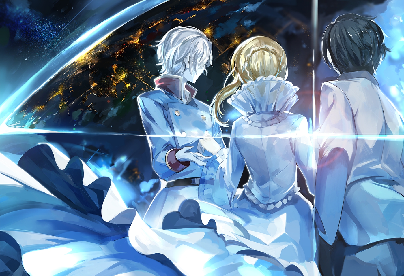 aldnoah.zero, asseylum_vers_allusia, black_hair, blonde_hair, kaizuka_inaho, male, planet, saberiii
