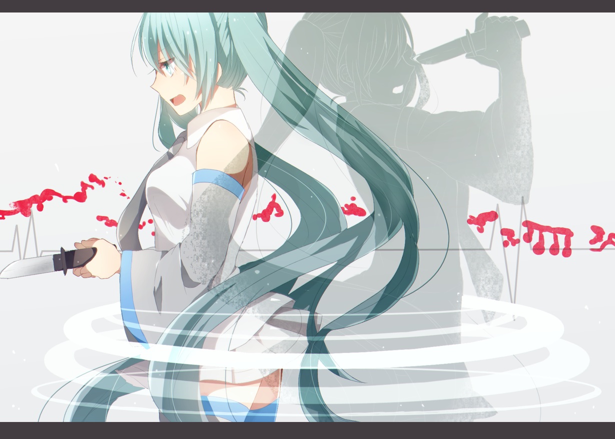 aqua_eyes, aqua_hair, blood, harusawa, hatsune_miku, knife, long_hair, skirt, thighhighs, tie, twintails, vocaloid