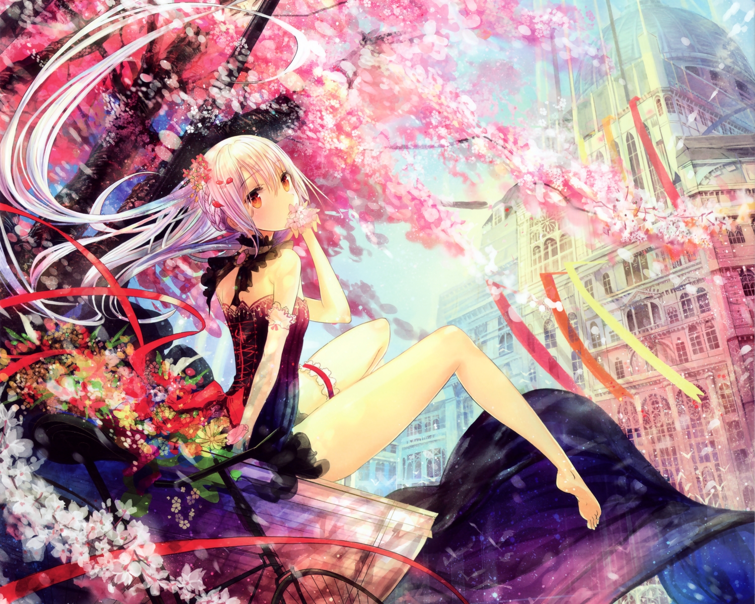 dress, elbow_gloves, flowers, fuumi_(radial_engine), garter, gloves, long_hair, original, scan