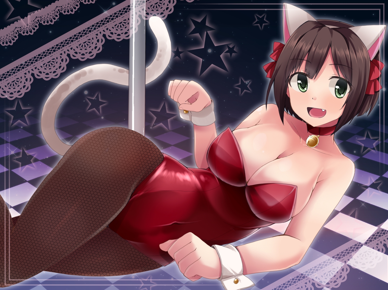 animal_ears, breasts, cleavage, collar, fang, green_eyes, idolmaster, idolmaster_cinderella_girls, maekawa_miku, short_hair, tail, wristwear, yunodon0315