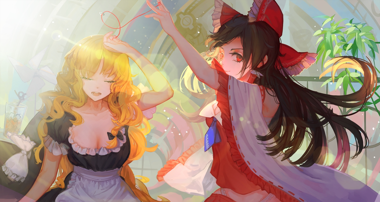 2girls, blonde_hair, bow, breasts, brown_hair, cleavage, hakurei_reimu, hoshimawa, japanese_clothes, kirisame_marisa, leaves, long_hair, miko, red_eyes, touhou