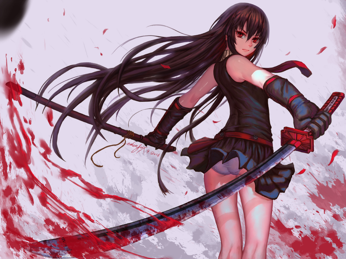akame, akame_ga_kill!, ass, black_hair, blood, edenfox, gloves, katana, long_hair, panties, petals, red_eyes, signed, sword, underwear, weapon