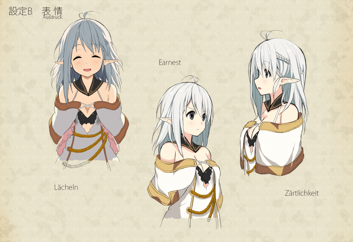 braids, breasts, cleavage, gray_eyes, gray_hair, minaseyu_no, original, pointed_ears