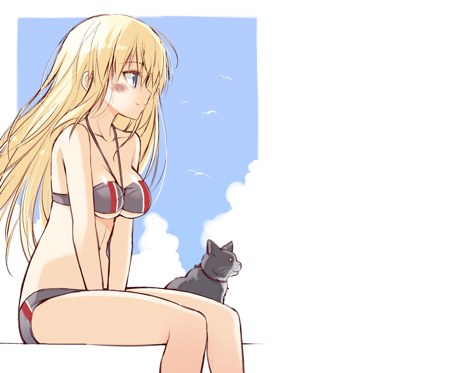 animal, anthropomorphism, bikini, bismarck_(kancolle), blonde_hair, cat, kantai_collection, long_hair, oota_yuuichi, swimsuit