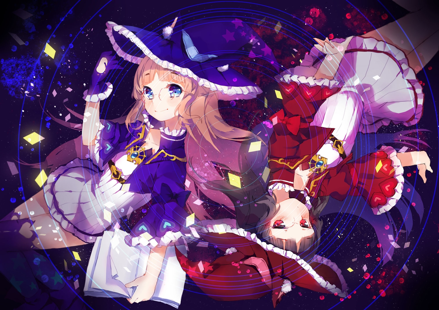 2girls, acidear, black_hair, blonde_hair, blue_eyes, blush, book, dress, glasses, gloves, hat, jpeg_artifacts, long_hair, original, red_eyes, thighhighs, witch_hat