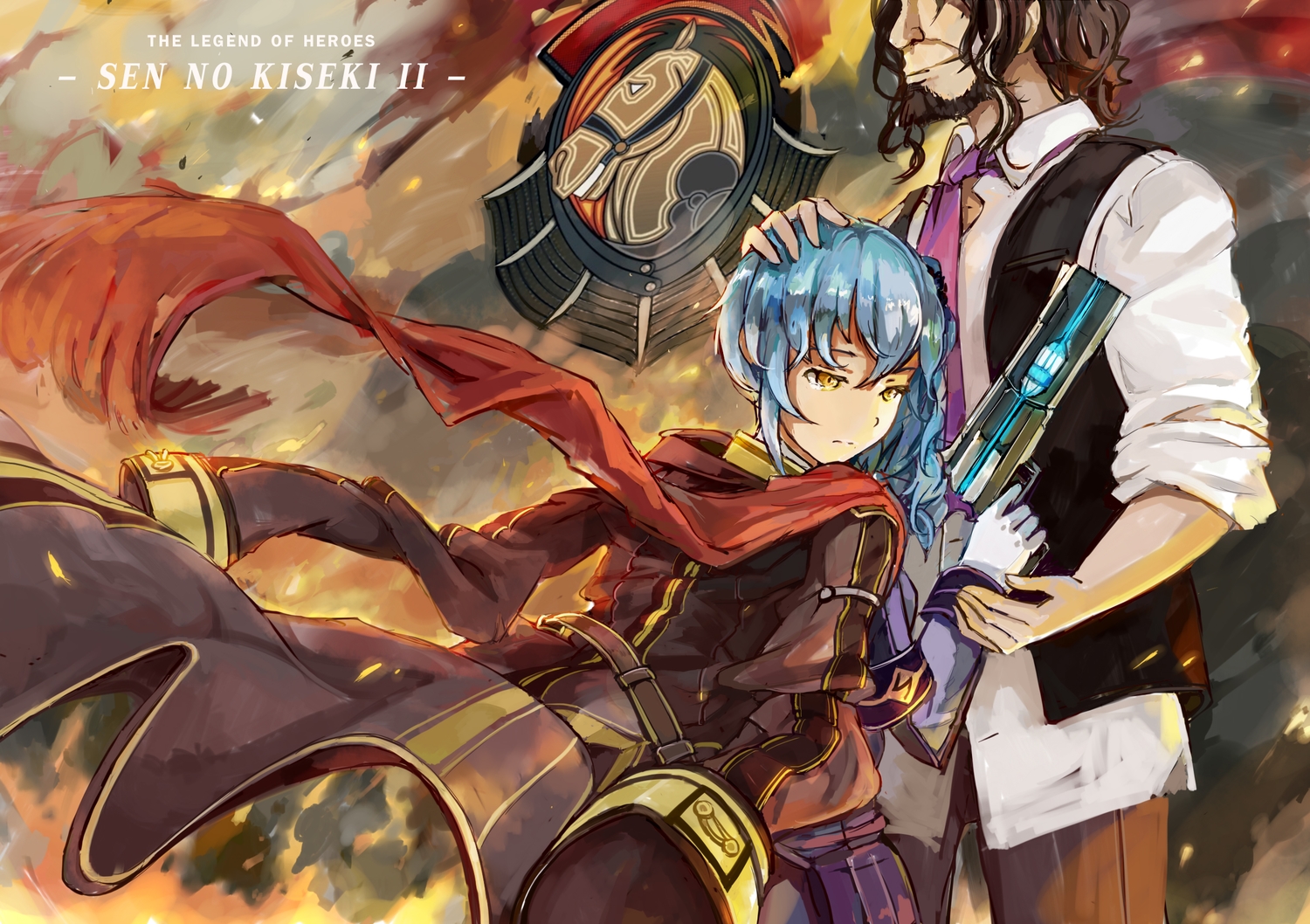 blue_hair, brown_hair, cape, claire_riweldt, d.b.spark, girias_osborne, gun, long_hair