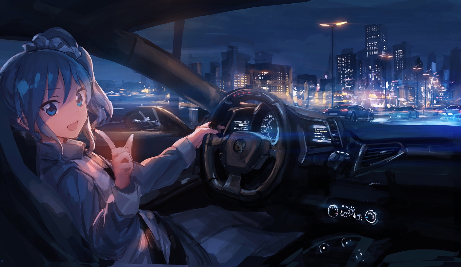 aikatsu!, blue_eyes, blue_hair, building, car, city, kiriya_aoi, lm7_(op-center), long_hair, night, ponytail