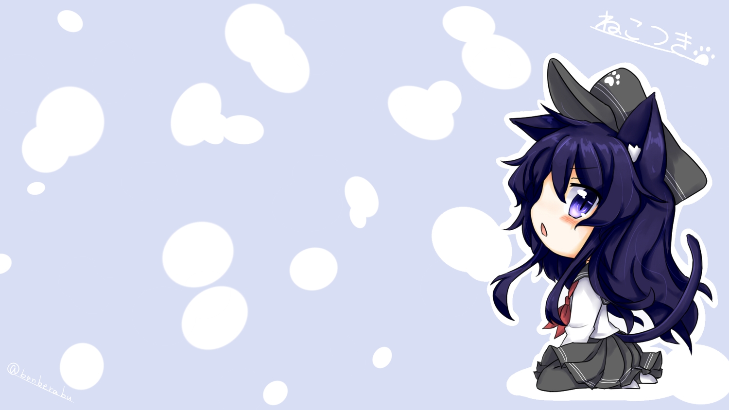 akatsuki_(kancolle), animal_ears, anthropomorphism, blush, catgirl, chibi, hat, kantai_collection