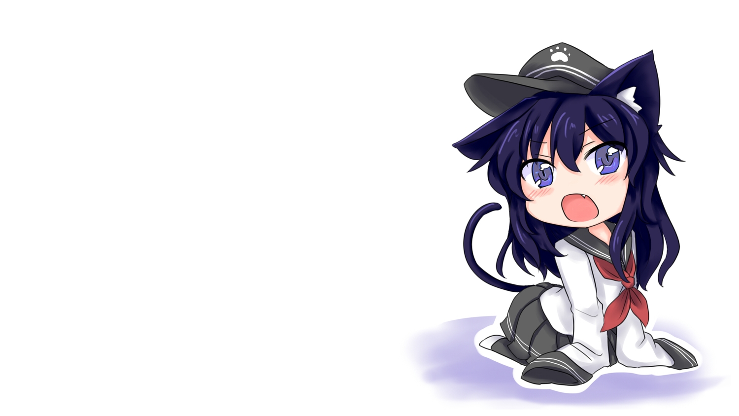 akatsuki_(kancolle), animal_ears, anthropomorphism, catgirl, fang, hat, kantai_collection, long_hair, pantyhose, purple_eyes, purple_hair, school_uniform, tail, yonerinoko_(banberabu)