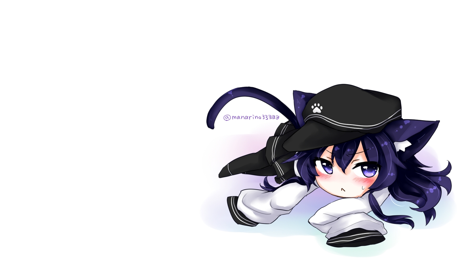 akatsuki_(kancolle), animal_ears, anthropomorphism, black_hair, blue_eyes, catgirl, chibi, hat