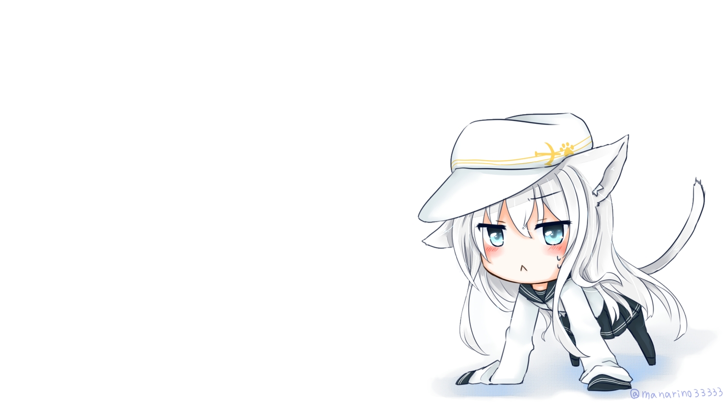 animal_ears, anthropomorphism, blue_eyes, catgirl, chibi, hat, hibiki_(kancolle), kantai_collection, long_hair, pantyhose, school_uniform, tail, verniy_(kancolle), white_hair, yonerinoko_(banberabu)