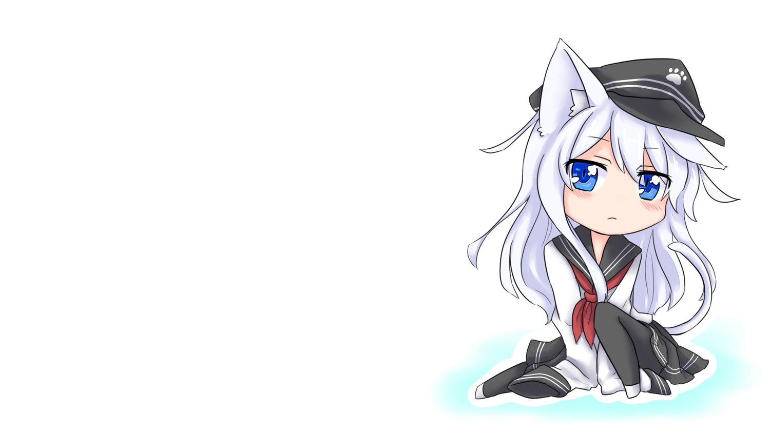 animal_ears, anthropomorphism, aqua_eyes, catgirl, hat, hibiki_(kancolle), kantai_collection, long_hair, school_uniform, tail, white_hair, yonerinoko_(banberabu)