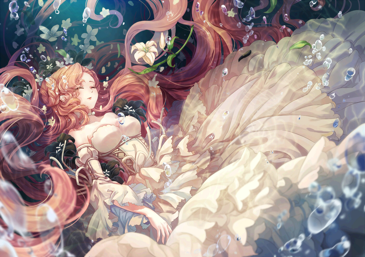 breasts, bubbles, cleavage, code_geass, cpkon, dress, euphemia_li_britannia, flowers, long_hair, pink_hair, sleeping, underwater, water