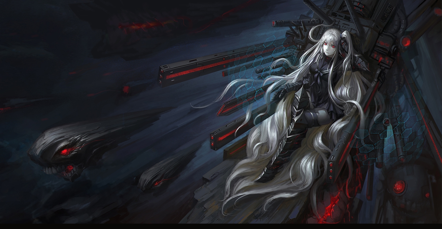 aircraft_carrier_oni, anthropomorphism, armor, kantai_collection, long_hair, narcolepsy-1900, red_eyes, white_hair
