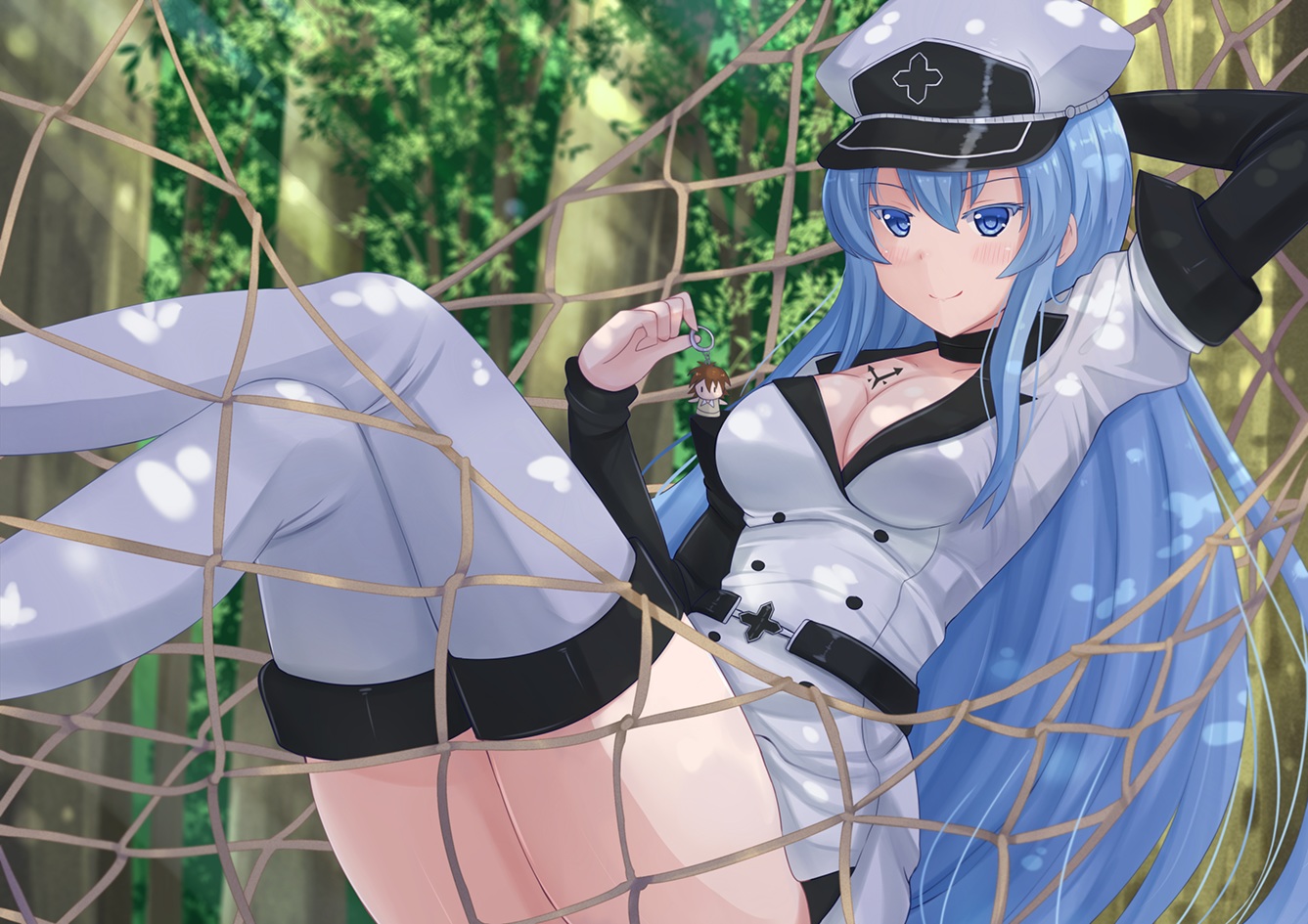 akame_ga_kill!, blue_eyes, blue_hair, blush, breasts, cleavage, esdeath, hat, kazenokaze, long_hair, tatsumi_(akame_ga_kill!), tattoo, thighhighs
