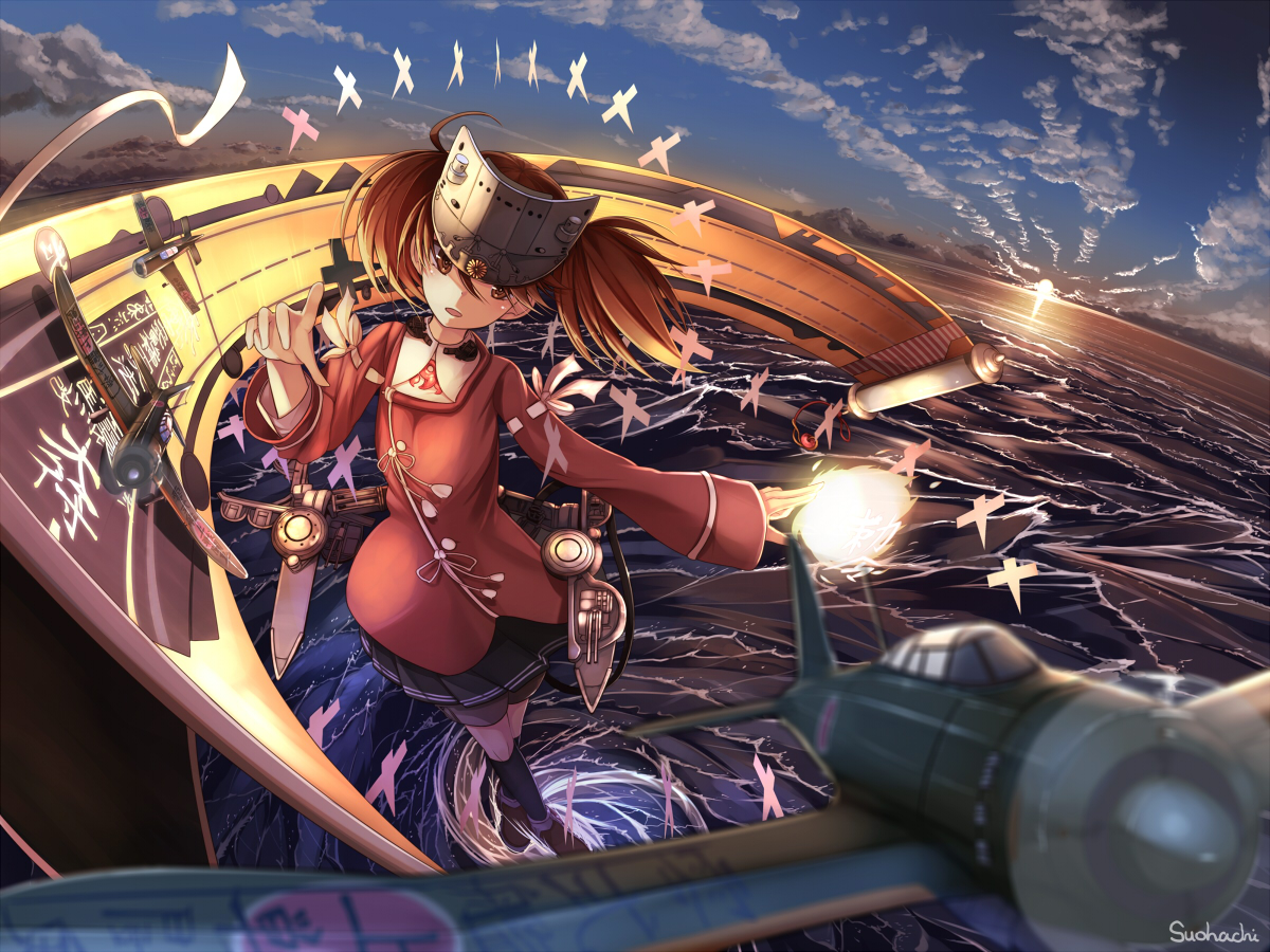 anthropomorphism, brown_eyes, brown_hair, clouds, kantai_collection, kneehighs, ryuujou_(kancolle), short_hair, skirt, suohachi, twintails, water
